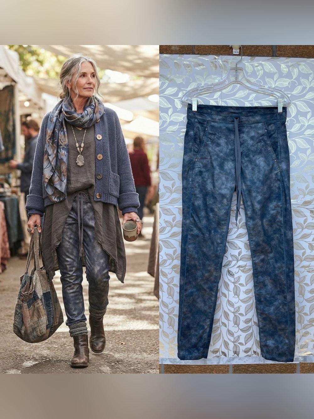 Alembika Lagenlook Metallic Distressed Drawstring Pants Blue Size 0 /4